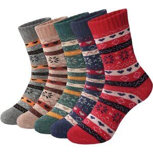 Womens Wool Socks 5 Pairs Winter Warm Thick Knit Wool Soft Vintage Casual Crew